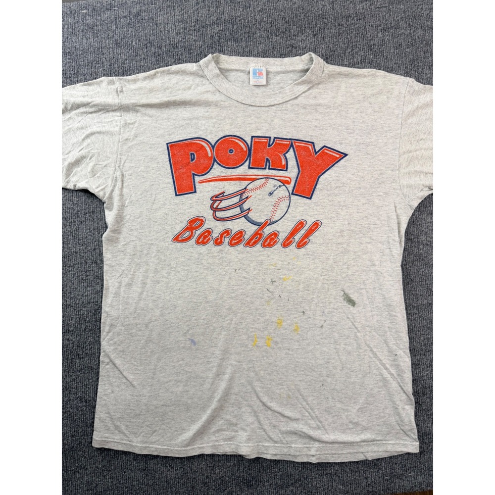 Vintage Russell Athletic XL Gray Poky Baseball Graphic Tee USA Made Stained 90s